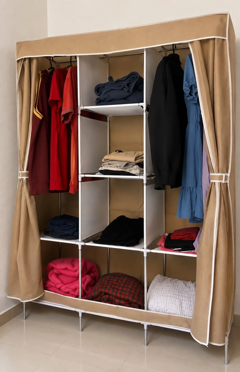 Guarda-Roupa Essencial montado e em uso, com prateleiras ocupadas