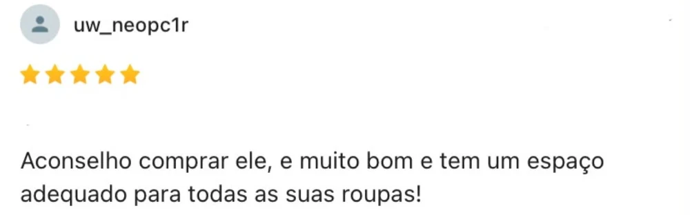 Captura de avaliação pública com 5 estrelas do usuário uw_neopc1r: “Aconselho comprar ele, e muito bom e tem um espaço adequado para todas as suas roupas!”