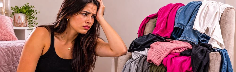 Mulher preocupada diante de roupas acumuladas, representando a falta de espaço para organização